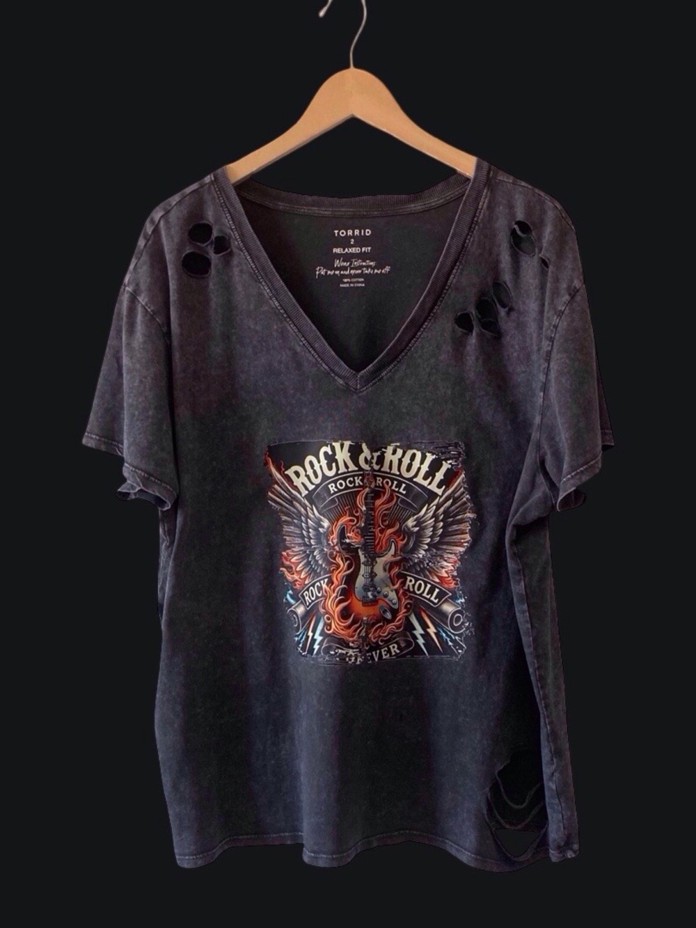 Custom Upcycled Torrid Distressed Rock & Roll Graphic Tee Washed Black Size 2 - Picture 6 of 9